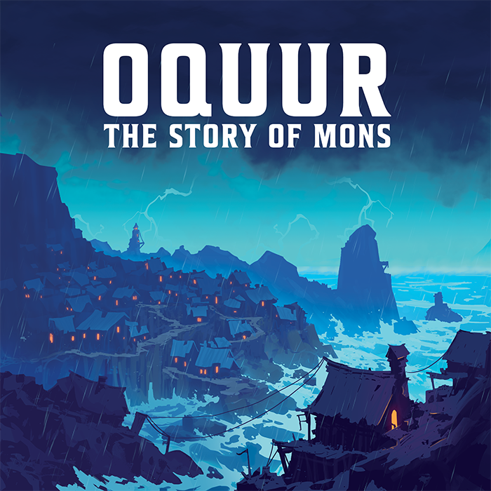 Box cover with background of the village of Mons in mountainous region with rough water.
