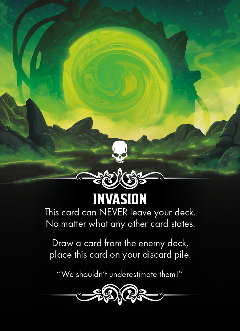Invasion enemy card with a green portal above a mountainous region.