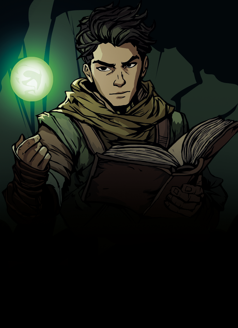 Character Yori looking at a mysterious green orb while holding a book.